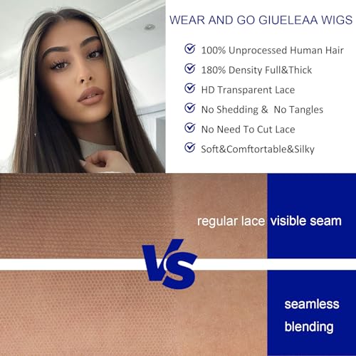 Straight Wigs Human Hair Wear and Go Glueless Wigs Human Hair Pre Plucked Pre Cut HD Lace Front Wig 180 Density Layered Wig Black Mixed Brown 20 inch FS1B/30