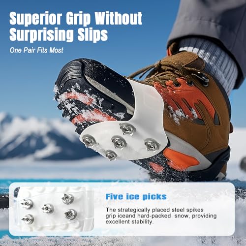 Universal 5-Tooth Ice Cleats for Shoes Boots, Non-Slip Gripper Spikes Ice Traction Cleats, Winter Outdoor Anti-Skid Shoe C...