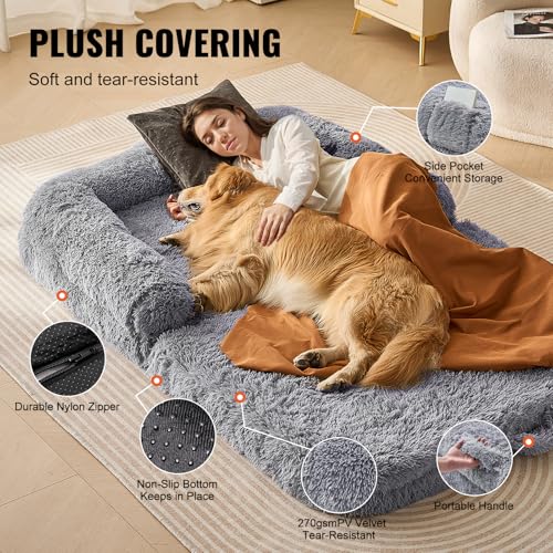 VEVOR Foldable Human Dog Bed, 72"x48"x10" Giant Human Sized Dog Bed with Washable PV Velvet Cover, Egg Orthopedic Foam, Storage Pocket, for You and Pet, Grey