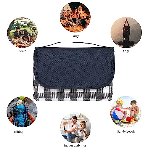 GUSUWU Picnic Blanket Waterproof Beach Rug 80''x80'' Picnic Mat Washable Lightweight with Handle Navy Blue Checkered for H...