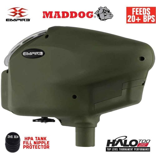 Maddog Empire Halo Too Automatic Electronic Paintball Loader Hopper with HPA Paintball Tank Fill Nipple Protector | Feeds 20+ BPS | Limited Edition Matte Olive | No Speed Feed