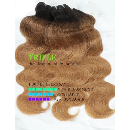 Ombre Bundles Human Hair, 13A Raw Indian Hair Bundles Body Wave, 20 Inch Colored Honey Blonde 1B27 Ombre Human Hair Bundles, 2 Years Service Life, Keep Texture Silky Soft Tangle-Free