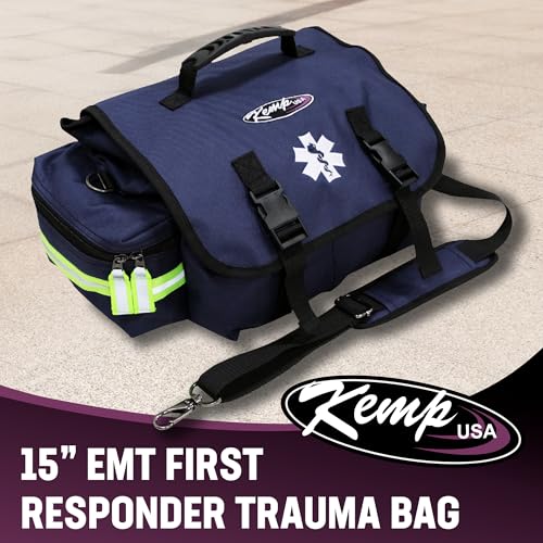 Kemp USA EMT First Responder Trauma Bag, Navy Blue, First Aid & Survival Gear with High-Visibility Reflectors, Rapid Medic...