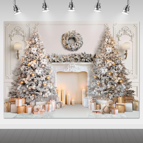 Mocsicka Classic Christmas Interior Room Photography Backdrop White Christmas Fireplace Photo Background Decorated Xmas Tr...