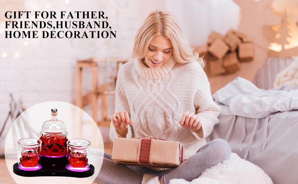 Creative Transparent Creative Whiskey Decanter Set with 7 Colour Lights,2 Glasses,Whiskey Carafe for Wine,Scotch,Bourbon,vodka,Liquor-750ml Gifts for Men,Dad,Husband Christmas and New Year's Gifts 1