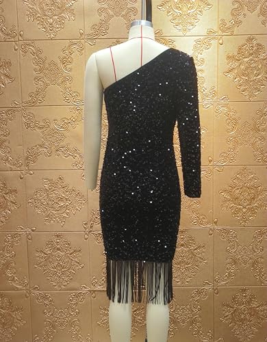 dasmzper Women Sexy Sequin One Shoulder Long Sleeve Tassel Hem Bodycon Midi Dress Party Cocktail Dress