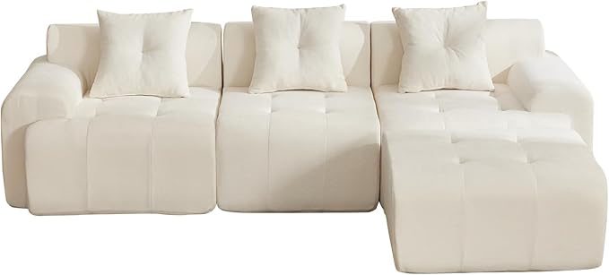 YAAREE 101.65” Modular Sectional Couch for Living Room, Modren L-Shape Cloud Sectional 3-Seater Sofa with Movable Ottoman, Woven Texture Upholstery Boneless Couch, No Assembly Grey, Beige