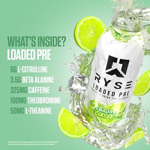 RYSE Loaded Pre Workout Drink - Baja Cooler - Sugar-Free, Ready to Drink Energy Supplement with 325mg Caffeine, Citrulline...