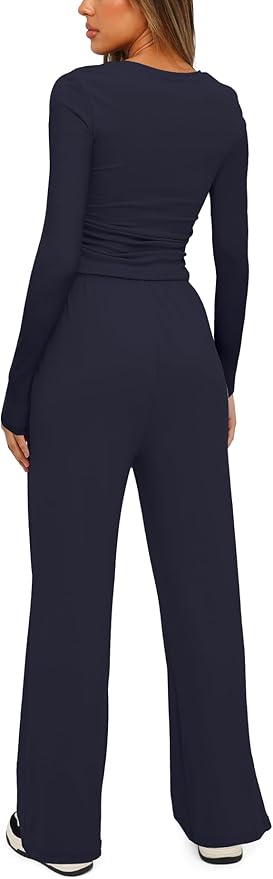Darong Women's 2 Piece Outfits Lounge Sets 2026 Long Sleeve Tops Wide Leg Pants Casual Matching Set