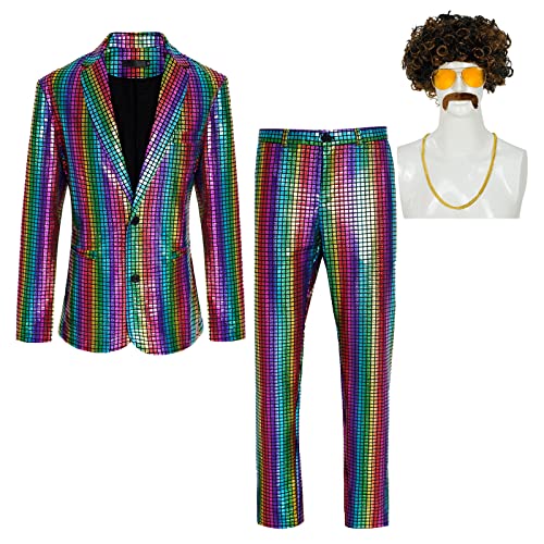 DZMDIP Men's 70s Disco Costume Shiny Metallic Sequin Suits Set Prom Party 2 Piece Outfits