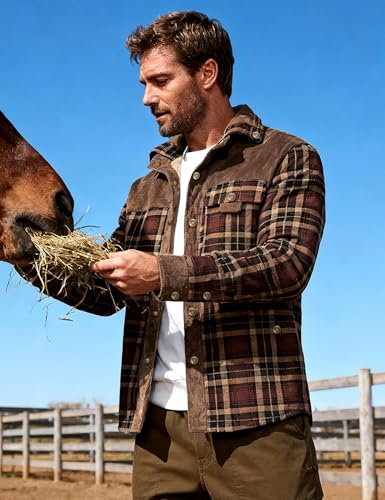 Flygo Men's Sherpa Lined Plaid Flannel Shirt Jacket Snap Button Warm Winter Jacket with Pockets