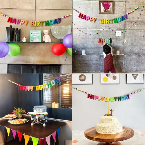 Pre-Strung Happy Birthday Banner - Felt Ball Garland - Reusable HAPPY BIRTHDAY Garland, Rainbow Party Decorations, Persona...