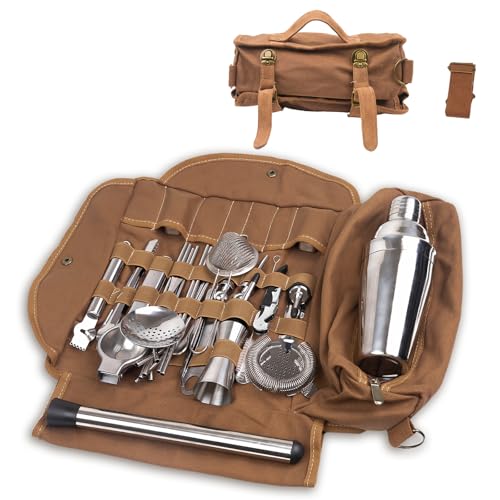 31Pcs Travel Bartender Kit–Bartending Kit with Bar Tools Bartender Accessories,Canvas Tool Bag–Professional Stainless Stee...