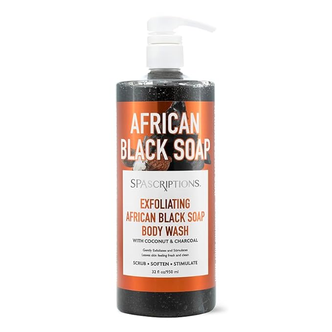 SpaScriptions Exfoliating African Black Soap Body Wash - 32 fl oz Charcoal & Coconut Scented Body Scrub with Coffee & Walnut Shell Exfoliants, Gentle Cleansing Body Wash, PH Balanced, Paraben Free