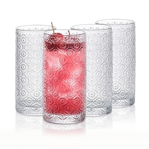 SoulTimes Glass Cups Vintage Glassware Set of 4, Drinking Glasses 12.5oz, Embossed Pattern Style Transparent Cocktail Glas...