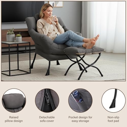 Welnow Lazy Chair with Ottoman, Modern Lounge Accent Chair with Armrests and a Side Pocket, Leisure Sofa Armchair, Reading...