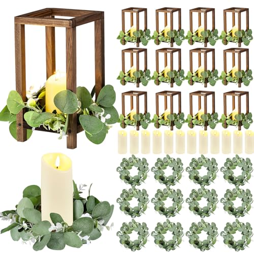 Geelin 12 Set 10.59'' Brown Wooden Lanterns for Centerpieces Include 12 Wooden Lantern 12 LED Candle 12 Eucalyptus Leaves ...