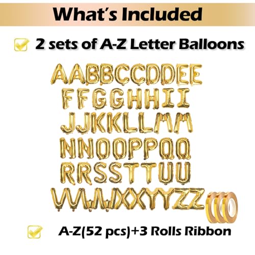 [52 PCS] 16" Foil Gold Letter Balloons 2 Sets of A-Z, Mylar Aluminum Hanging Alphabet for Graduation New Year eve Birthday...