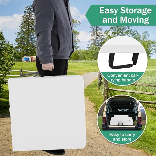 PIKAQTOP Folding Table, 4 FT Heavy Duty Plastic Foldable Table with Carrying Handle, Adjustable Height Portable Party Tabl...