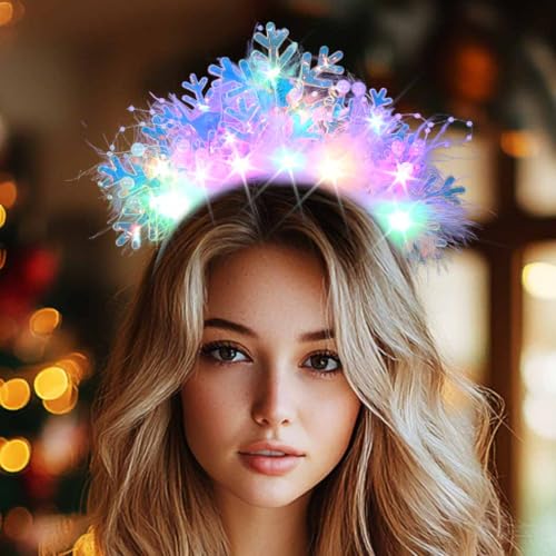 DRESBE Christmas Light Up Snowflake Headband LED Feather Pearl Headbands Glow Xmas Hair Accessories for Women