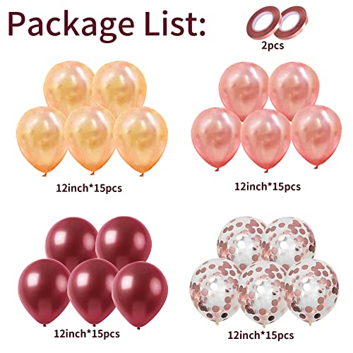 Balloons Burgundy Rose Gold, 60 Packs 12 Inches Wine Red Champagne Latex Balloon Rose Gold Confetti Balloons for Women Gir...