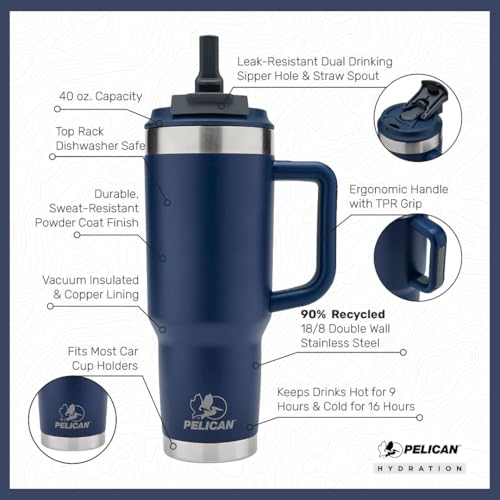 HydrationHub USA Pelican Porter™ Dual - 40 oz. Dual Lid, Recycled Double Wall Stainless Steel Travel Tumbler, Midnight