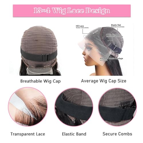 Straight Lace Front Human Hair Wig Pre Plucked 200 Density Glueless Natural Black Straight Wig Human Hair 13x4 HD Lace Frontal Wigs for Women (24 Inch)