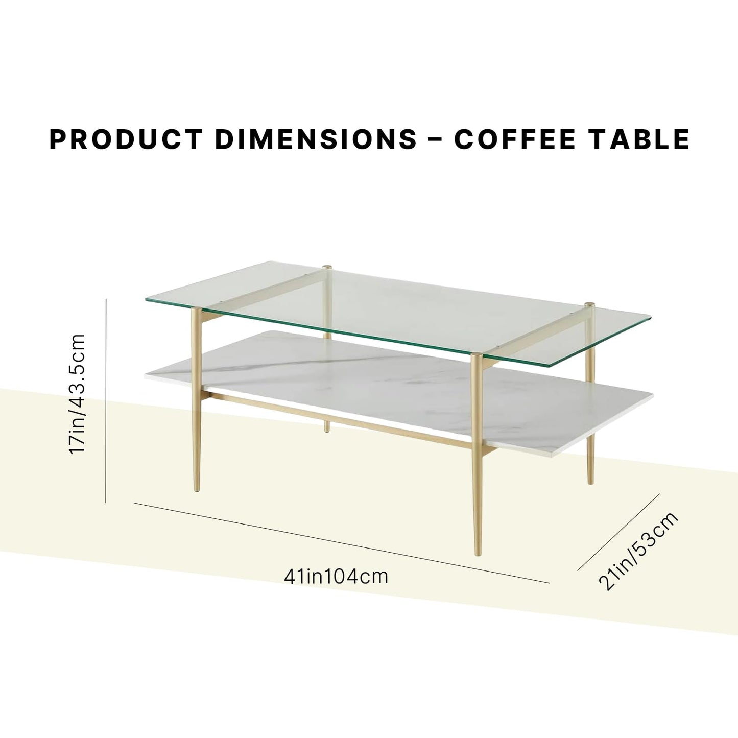 Shrine Rectangle Coffee Table, Mid-Century Modern Design, 2-Tier Structure, Clear Glass Top and White MDF Shelf, 41" D x 21" W x 17" H, Sleek Conical Metal Legs with Gold Finish