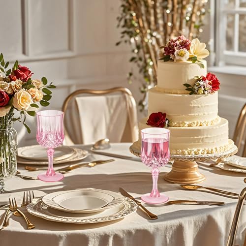 XKXKKE 12 Pcs Pink Plastic Wine Glasses, Plastic Water Goblets for Parties, Stemmed Drinking Glasses for Wedding Receptio...