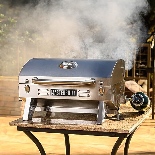 Masterbuilt Portable Propane Gas Grill with Folding Legs, Chrome-Coated Warming Rack and 288 Cooking Square Inches in Stai...