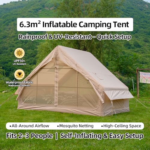 Inflatable Tents for Camping, Blow Up Tent with Hand Pump, Easy Setup 4 Season Inflatable Tent with Mesh & Chimney Windo...