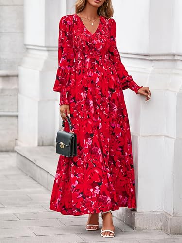 BTFBM Women Fall Wedding Guest Maxi Dresses 2025 Floral V Neck Long Sleeve Boho Long Dress Vacation