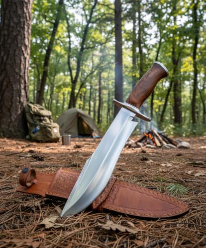 Handmade D2 Steel 15 Inch Bowie Knife with leather sheath - Survival Hunting knife with steel Guard, Rosewood Handle Ideal...