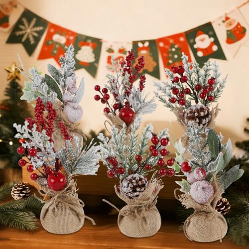 winemana 6 Pcs Mini Christmas Tree Table Decorations, 9" Small Artificial Trees with Red Berries Pine Cone Tabletop Center...