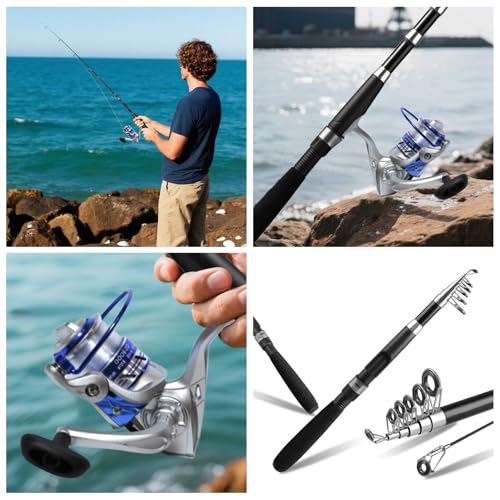 Telescopic Fishing Rod and Reel Combo, 2PACK Carbon Fiber Travel Rod, 2 Collapsible Spinning Reels, 2 100m Line, Carrier B...