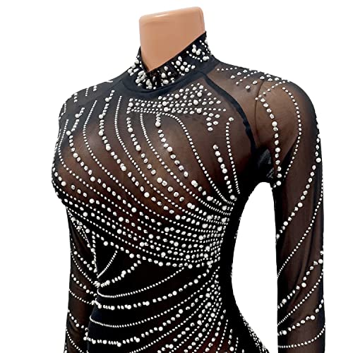 ENOPINK Women Sexy Rhinestone Feather Dress Mesh Sheer Bodycon Long Sleeve Mini Dresses Birthday Outfits Clubwear
