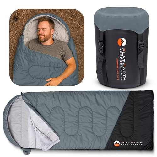 Flat Earth Performance Expedition Sleeping Bag with Compression Sack – 32°F/0°C for Teens/Adults Up to 6'2", Lightweight, ...