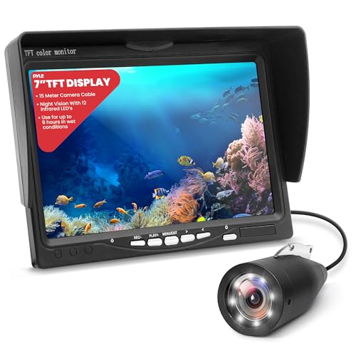 Pyle, Underwater Fishing Camera, LCD Monitor, Night Vision, 7-inch TFT, IP68 Water Resistant, Infrared LED, Removable Sun-...