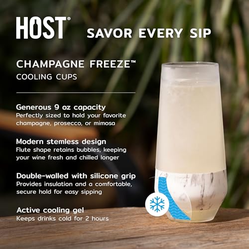 HOST Champagne Freeze Double-Walled Stemless Wine Glasses Freezer Cooling Cups with Active Cooling Gel and Insulated Silic...
