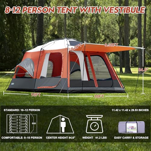 8–10-12 Person Camping Tent, 2 Room Family Tent with Zippered Divider, Porch, Rainfly, Extra Large Waterproof Cabin Tent w...