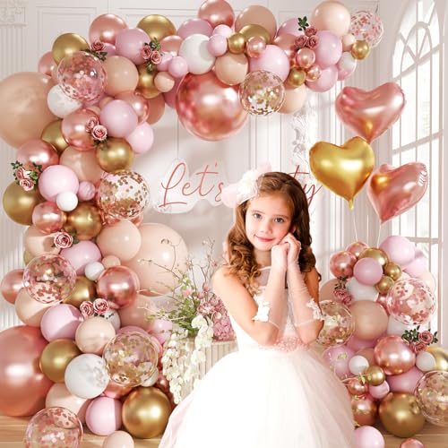 Rose Gold Balloon Garland Arch Kit, 140Pcs Nude Pastel Pink Metallic Gold White Balloons Gold and Rose Gold Confetti Ballo...