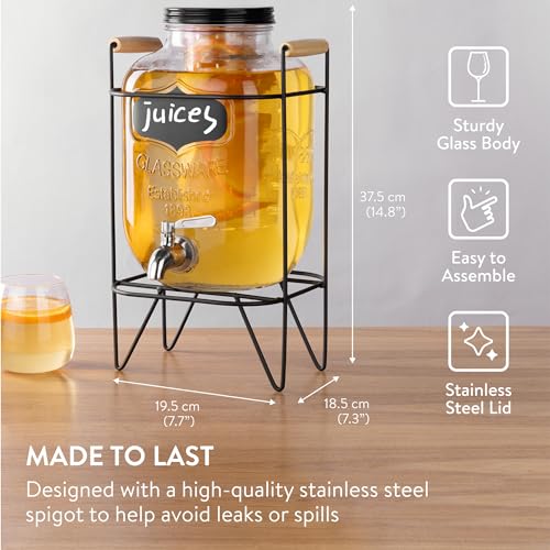 Navaris Glass Jar Drink Dispenser with Tap - Includes Metal Stand, Ice Tube, and Fruit Infuser - For Cocktail, Lemonade, W...