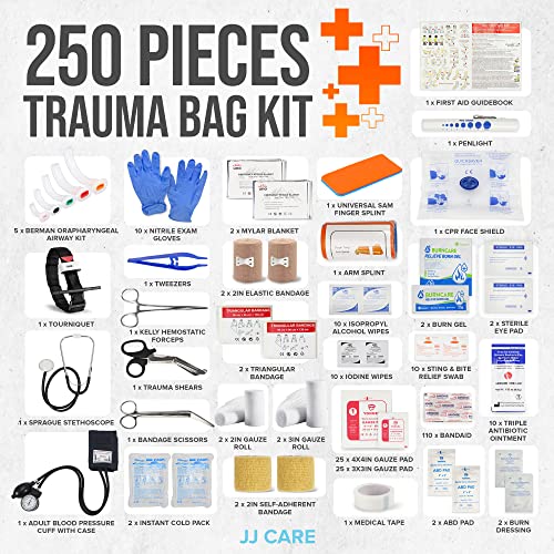 JJ CARE Trauma kit 250PCS First Responder Kit, EMT Bag with Padded Strap, Reflective Medical, Multiple Pockets, EMS First ...