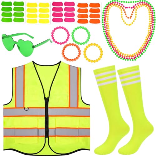 Kuscul 6Pcs Neon Costume Outfit Including Neon Reflective Vest Sunglasses Beaded Bracelet Socks for Women for Glow Party 7...
