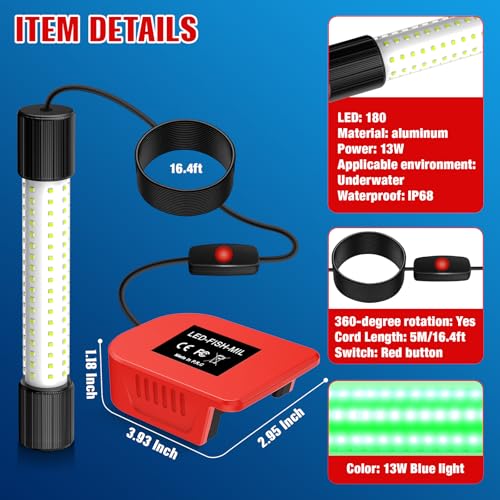 YNDZ Underwater Fishing Light Compatible with Milwaukee M18 Battery,1300 Lumens, LED Green Light for IP68 Waterproof Subme...