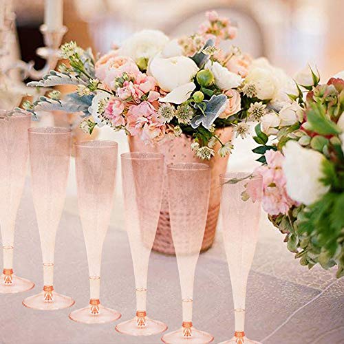 Homy Feel Rose Gold Glitter Plastic Champagne Flutes 30 Pack, 6.5 OZ Disposable Plastic Wine Glasses, Reusable Champagne G...