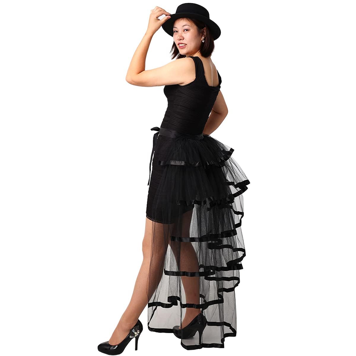 GRACEART Victorian Steampunk Bustle Skirt 6 Layered Tie-on Belt Tulle Tutu Overskirt A-black