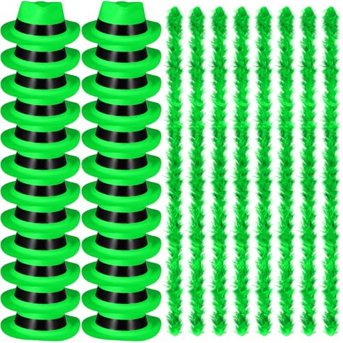 JaGely 48 Pieces Neon Party Supplies 24 Neon Gangster Hats 24 Pcs Feather Boas for Mardi Gras Carnival Glow Wedding Party