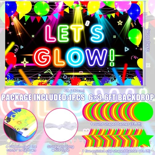 QOUBAI Neon Glow Party Decoration Let's Glow Banner Backdrop Round Neon Garland Neon Star Streamer Neon Glow Photo Booth P...