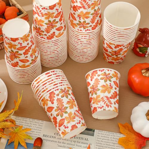 JarThenaAMCS 100Pcs Fall Paper Cups 9 oz Maple Leaves Disposable Coffee Cups for Autumn Thanksgiving Harvest Cold Hot Beve...